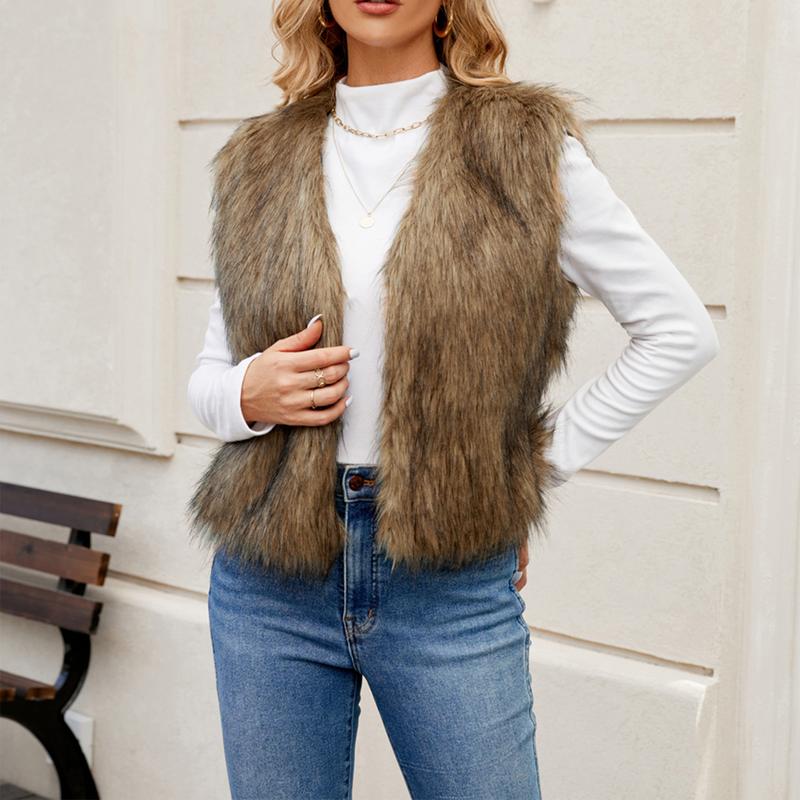 Women's Autumn Winter Waistcoat Sleeveless Faux Fur Vest Coat Short Jacket Outwear S-2XL