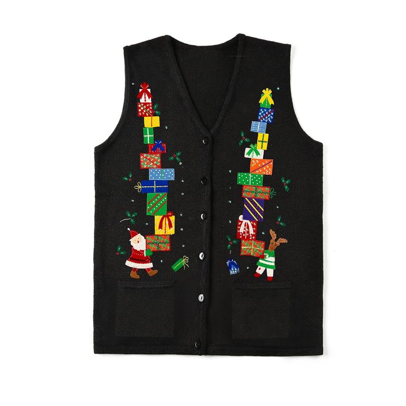 Women's Autumn Winter Sweater Vest V Neck Christmas Pattern Print Button Up Knit Tank Tops