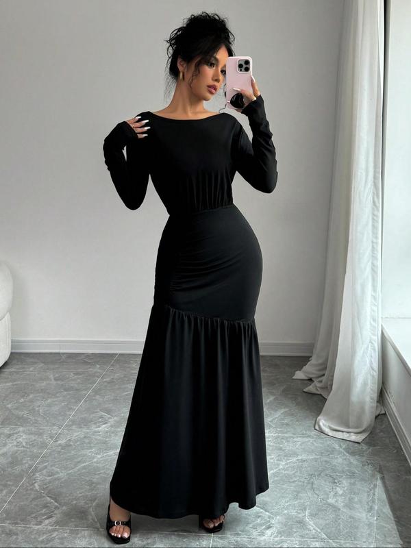 Women's Plain Ruffle Hem Round Neck Mermaid Dress, Elegant Asymmetrical Neck Long Sleeve Maxi Dress for Party Holiday Wedding Guest, Ladies Fall & Winter Clothes