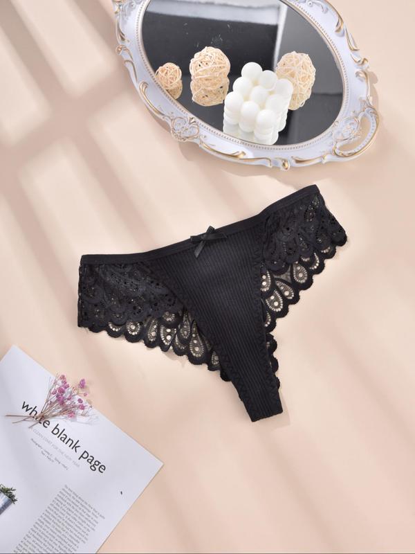  Contrast Lace Bow Decor Panty, Soft Comfy Breathable Scallop Design Knicker for Daily Wear, Women's Underwear for All Seasons