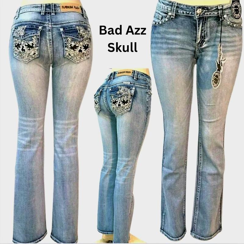 Skull McBling Jeans Bootcut Stretch plus Denim Streetwear Biker rock Casual Comfort Crystal Retro boot Bottom Embroidery Fashion Spandex Womenswear