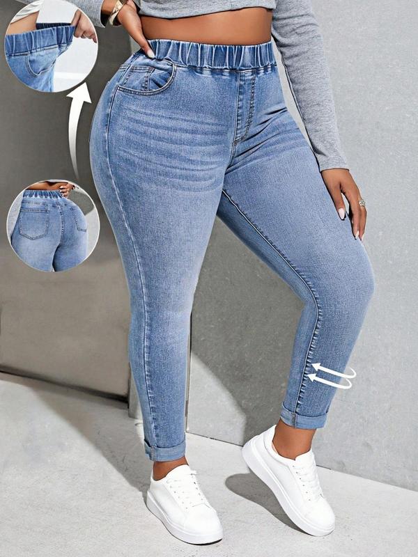  Solid Elastic Waist Skinny Jeans, Casual Streetwear, Fashion Pocket Design Denim Pants for Daily Outdoor Wear, Women Jeans for Fall & Winter, Gift Set