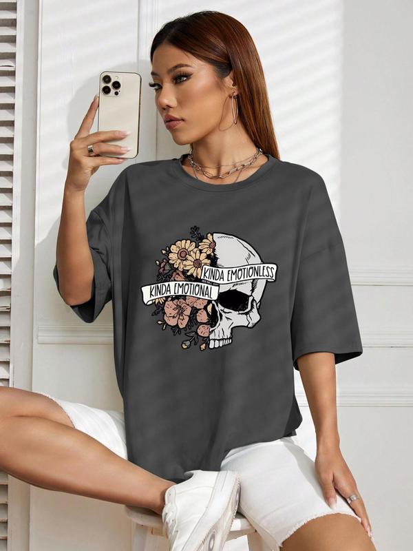 Women's Halloween Themed Cartoon Graphic Round Neck Tee, Trendy Casual Drop Shoulder Short Sleeve T-shirt for Daily Wear, Ladies Outfit