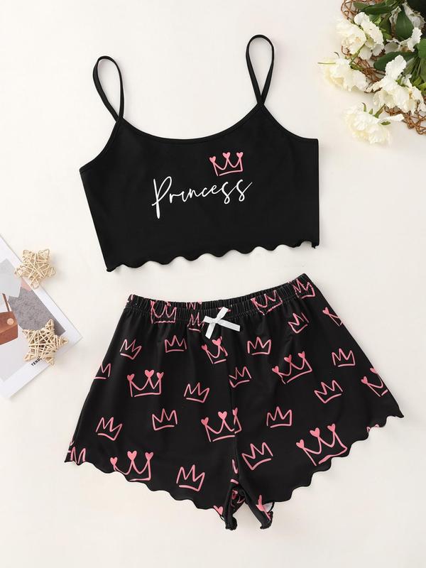 Women's Simple Letter Print Sleeveless Camisole & Stars Print Bow PJ Shorts Loungewear Set, Summer Clothes Women, Lettuce Trim Spaghetti Strap Crop Cami Top & Shorts Set, Women Nightwear, Women's Homewear Set, Basic Everyday Home Wear, Chic Womenswear