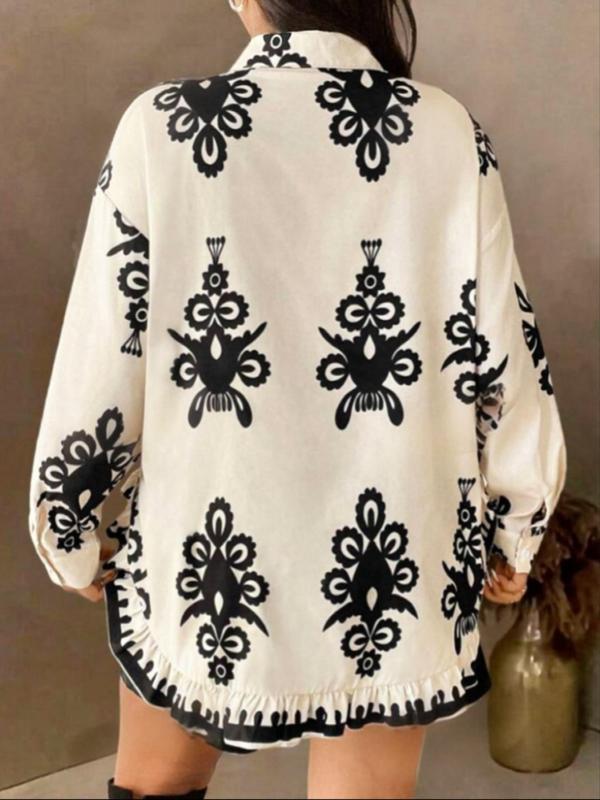  Ethnic Pattern Ruffle Trim Button Front Curved Hem Shirt, Boho Drop Shoulder Long Sleeve Collared Top for Daily Holiday Vacation Wear, Women's Clothes for Spring