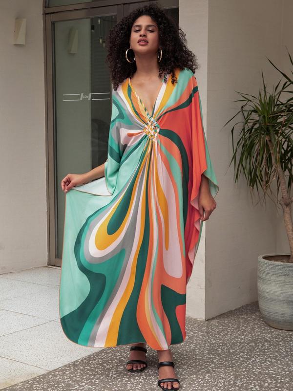 Plus Size Peacock Feather & Striped Print Ruched Split Batwing Sleeve Kaftan Dress, Boho Casual V Neck Long Sleeve Dress for Beach Vacation Holiday, Women's Clothes for All Seasons