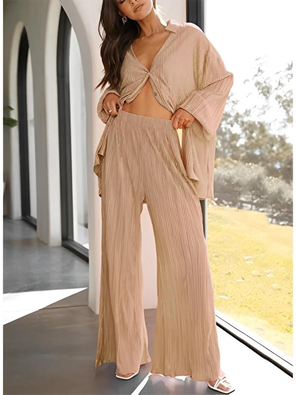 Two-piece Set Women's Textured Long Sleeve Button Up Shirt & Wide Leg Pants for Summer, Collar V Neck Button Front Blouse with Trousers Set, Casual Two Piece Sets for Daily Wear, Fall Outfits 2024 Sets, 2 Piece Set Women, Business Outfits Women