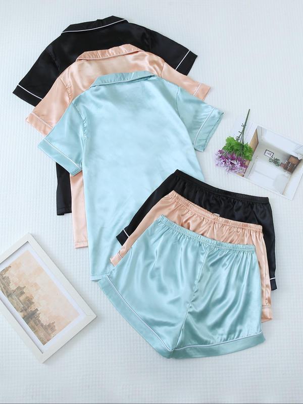 Three-Piece Set Women's Contrast Binding Satin Pajama Set, Casual Pocket Shirt & Elastic Waist Shorts Set, Summer Clothes for Women, Back To School Ladies Nightwear, Loungewear Set