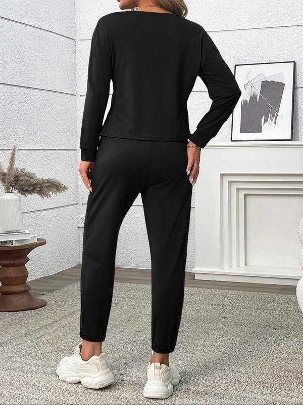 Women's Solid Long Sleeve Sweatshirt & Drawstring Waist Pocket Pants Set, Casual Round Neck Pullover & Trousers, Women's Fall & Winter Clothes