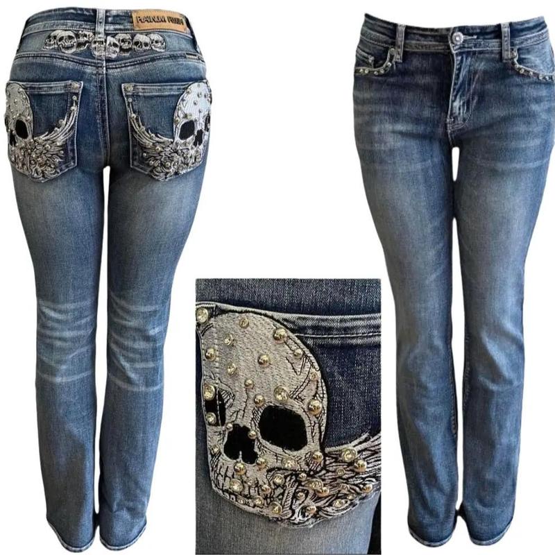 Skull McBling Jeans Bootcut Stretch plus Denim Streetwear Biker rock Casual Comfort Crystal Retro boot Bottom Embroidery Fashion Spandex Womenswear