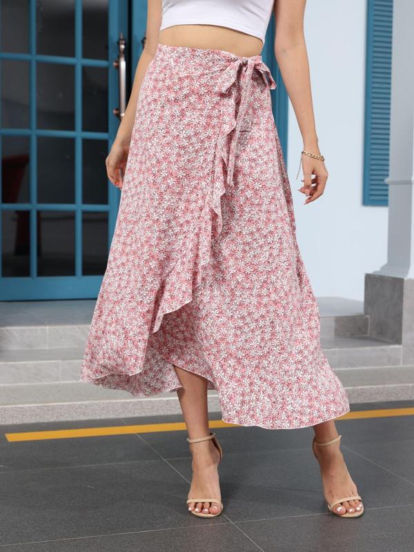 Vintage Women's Ditsy Floral Print Knot Side Ruffle Hem Wrap Skirt, Boho Fashion High Waist Asymmetrical Hem Long Skirt for Daily Holiday Vacation Wear, Ladies Bottoms for All Seasons