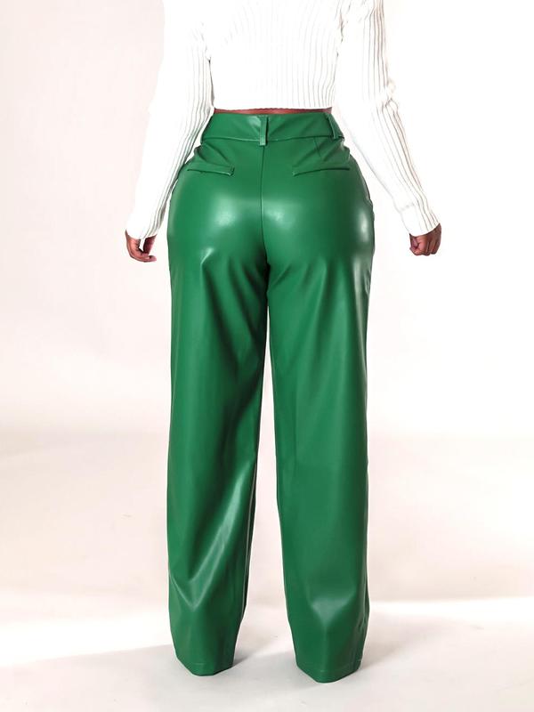 Women's Solid Plicated Pocket PU Leather Pants, Casual Comfy High Waist Trousers for Fall & Winter, Women's Bottoms for Daily Wear