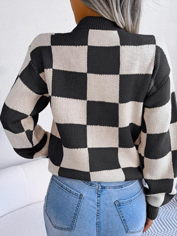 Plaid Print Drop Shoulder Longsleeves Crewneck Sweater, Y2k Clothing, Lady Street Long Sleeve Round Neck Jumper, Comfort Knitting Womenswear, Sweaters for Women