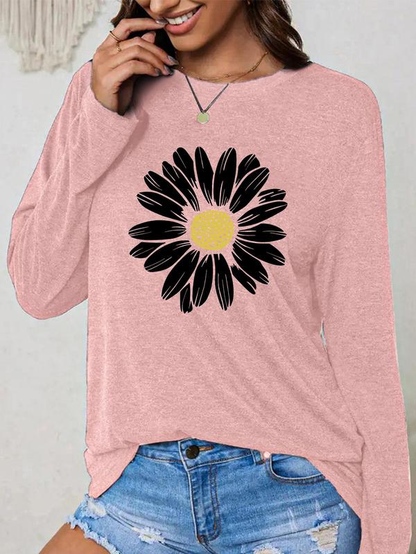 Women's Floral Print Round Neck T-shirt, Casual Long Sleeve Crew Neck Tee for Daily Wear, Ladies Clothes for All Seasons, Fall Tops