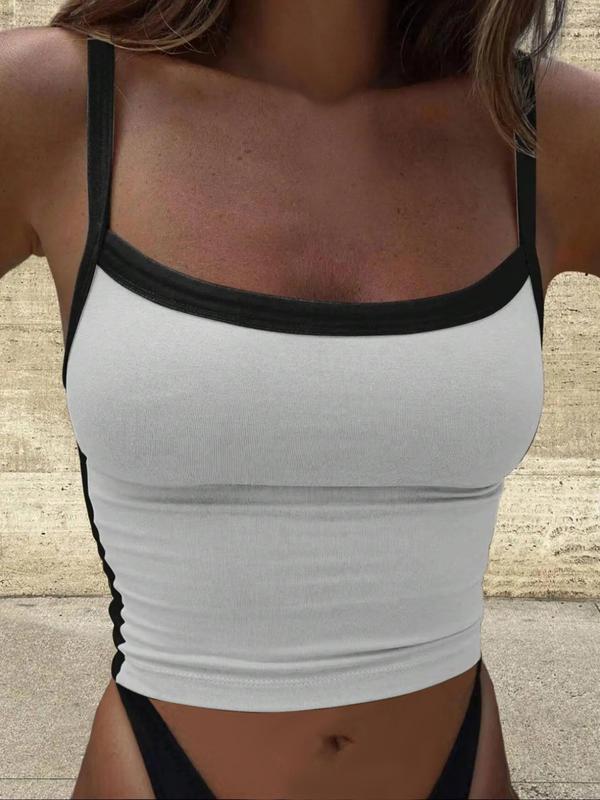 Women's Contrast Binding Crop Cami Top, Casual Solid Spaghetti Strap Top for Summer, Ladies Clothes for Daily Wear