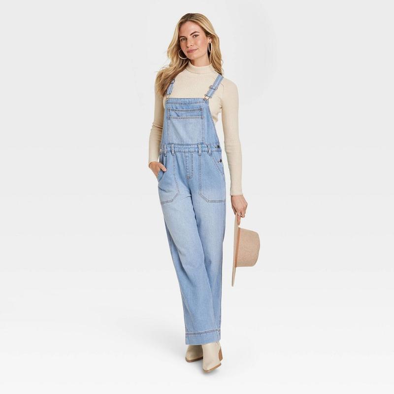 Universal Thread Women's Wide Leg Denim Overalls Full Length Jumpsuits