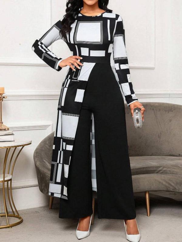 Patchwork Print Zipper Jumpsuits for Women,  Overalls for Women,  Casual Long Sleeve Round Neck Wide Leg Jumpsuit for Fall & Winter, Women's Clothes for Daily Wear