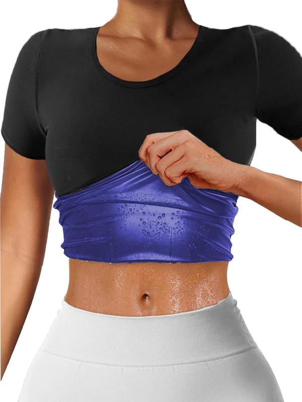 Women's Solid Round Neck Short Sleeve Shapewear Top, Summer Compression Wear, Tummy Control Body Shapewear Sauna Top for Summer,  Waist Trainer Women, Women Shapewear, Body Shapewear, Summer Wear 2024