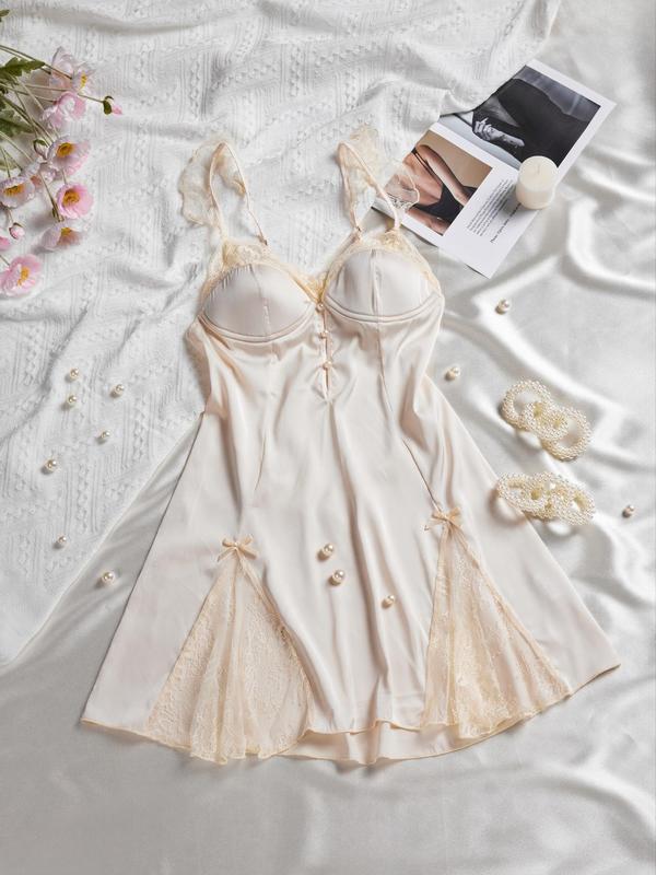 Women's Contrast Lace Bow Decor Cami Nightdress, Solid Spaghetti Strap Backless Nightgown, Soft Comfortable Sleepwear for Women