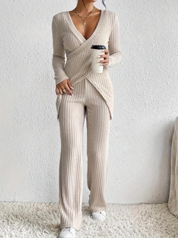 Two-Piece Set Women's Solid Criss Cross V Neck Top & Straight Leg Pants Set, Casual Long Sleeve Top & High Waist Trousers Set for Fall & Winter, Women's Clothes for Daily Wear