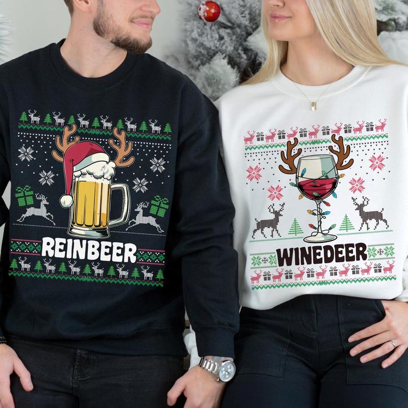 Winedeer Reinbeer Ugly Christmas Sweatshirts, Funny Couple Christmas Shirts, Christmas Sweater, Couples Sweaters, Matching SweatersCotton Tops Crewneck Womenswear Women