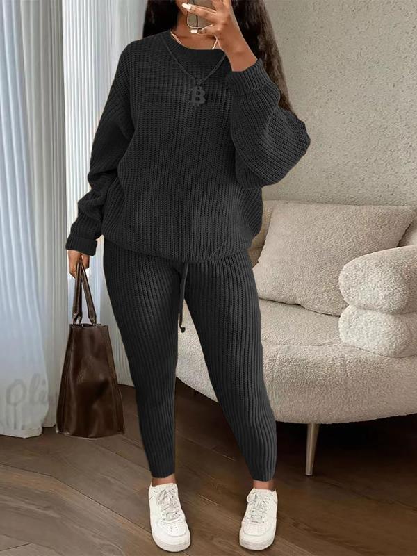 Women's Solid Drop Shoulder Sweater & Drawstring Waist Pants Two-piece Set, Fall Outfits, Casual Fashion Cozy Knitwear Set for Daily Outdoor Wear, Women's Knitwear for Fall & Winter, Womenswear & Underwear