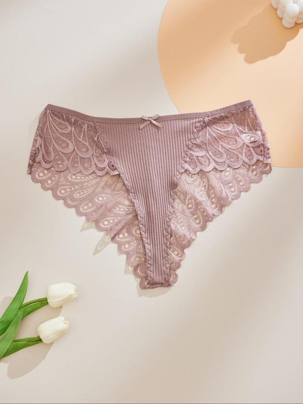  Contrast Lace Bow Decor Panty, Soft Comfy Breathable Scallop Design Knicker for Daily Wear, Women's Underwear for All Seasons