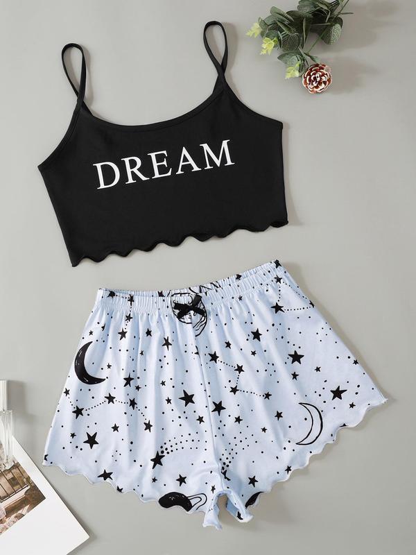 Women's Simple Letter Print Sleeveless Camisole & Stars Print Bow PJ Shorts Loungewear Set, Summer Clothes Women, Lettuce Trim Spaghetti Strap Crop Cami Top & Shorts Set, Women Nightwear, Women's Homewear Set, Basic Everyday Home Wear, Chic Womenswear