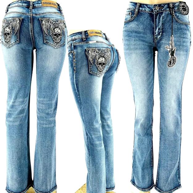 Skull McBling Jeans Bootcut Stretch plus Denim Streetwear Biker rock Casual Comfort Crystal Retro boot Bottom Embroidery Fashion Spandex Womenswear