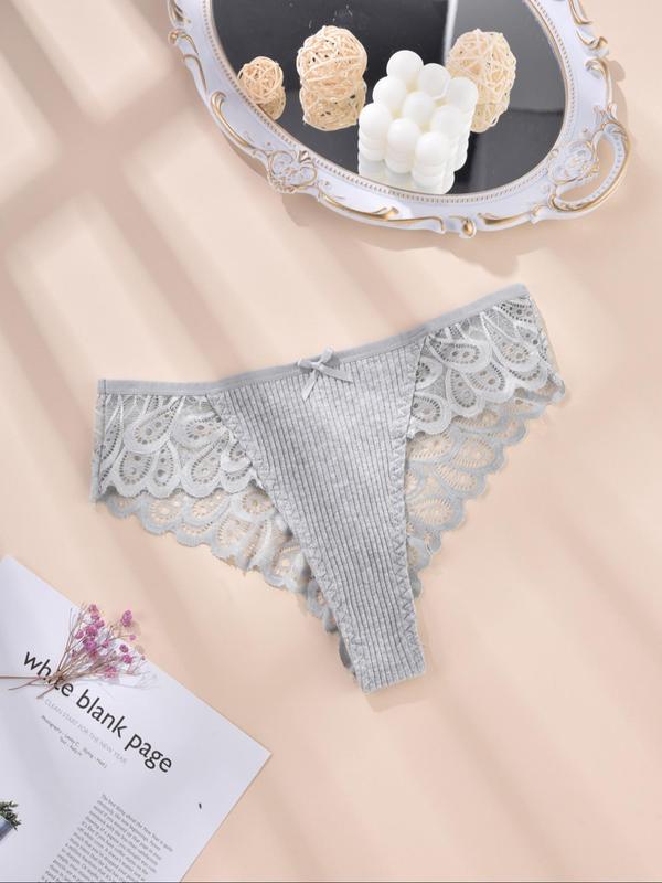  Contrast Lace Bow Decor Panty, Soft Comfy Breathable Scallop Design Knicker for Daily Wear, Women's Underwear for All Seasons