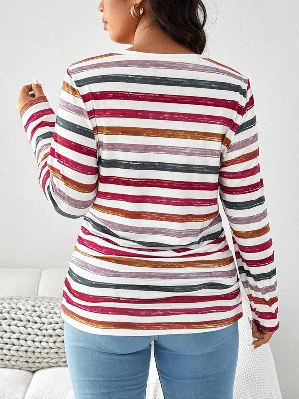  Striped Print Long Sleeve Tee, Casual Round Neck T-shirt for Fall & Winter, Women's Clothing for Daily Wear