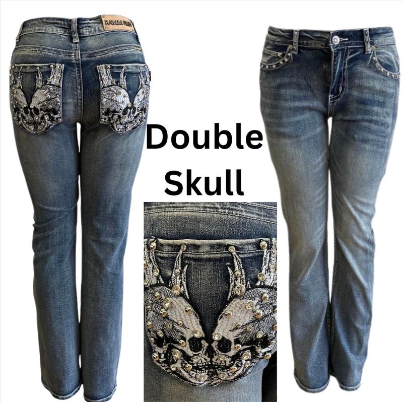 Skull McBling Jeans Bootcut Stretch plus Denim Streetwear Biker rock Casual Comfort Crystal Retro boot Bottom Embroidery Fashion Spandex Womenswear