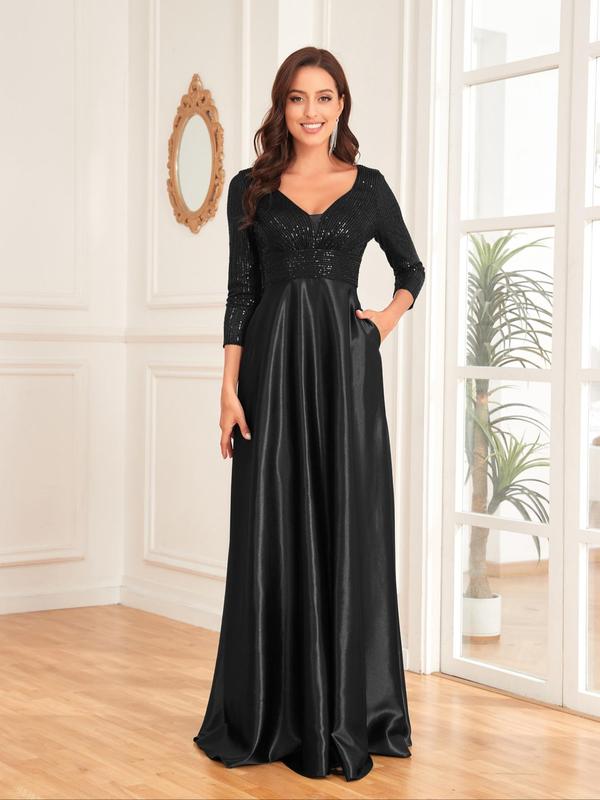 Women's Plain Pocket V Neck Contrast Sequins Satin Evening Dress, Elegant Formal Wear, Maxi Dress for Party Banquet Cocktail, Ladies Spring & Fall Clothes