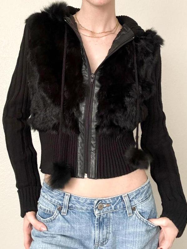 Women's Solid Contrast Faux Fur Zip Up Hooded Jacket, Y2K Trendy Long Sleeve Zip Front Outerwear for Fall & Winter, Women's Clothes for Daily Wear