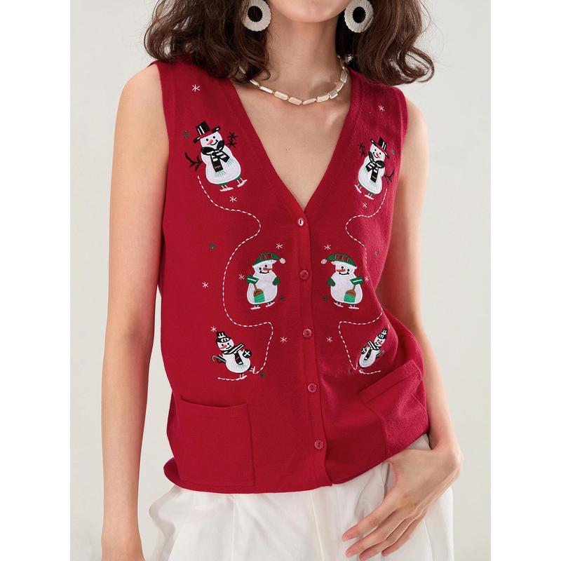 Women's Autumn Winter Sweater Vest V Neck Christmas Pattern Print Button Up Knit Tank Tops