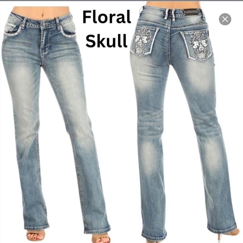 Skull McBling Jeans Bootcut Stretch plus Denim Streetwear Biker rock Casual Comfort Crystal Retro boot Bottom Embroidery Fashion Spandex Womenswear