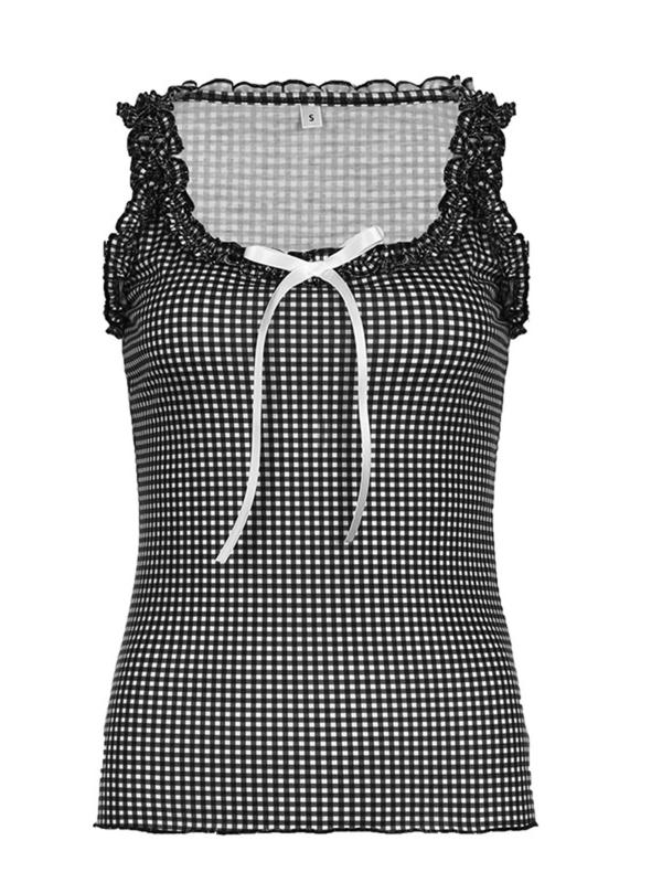 Women's Gingham Print Bow Front Frill Trim Tank Top, Cute Sleeveless Top for Summer, Ladies Clothes for Daily Wear