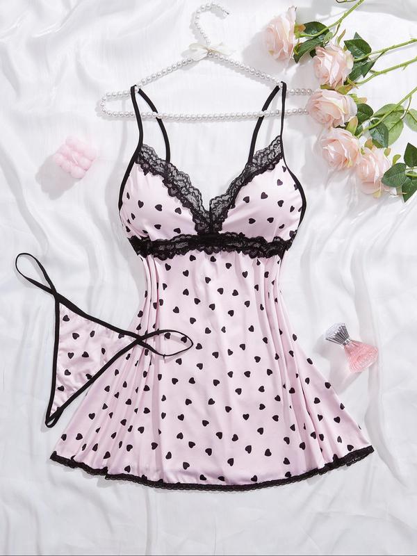 Plus Size Heart Print Contrast Lace Scallop Trim Cami Nightdress & Thong Loungewear Set, Casual Adjustable Strap Nighty Dress & Panty Set, Women's Plus Size Sleepwear for Summer