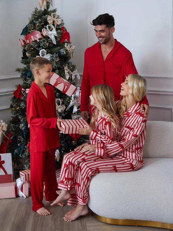 New Red Christmas Pajamas For Family Lapel Neck Button-up Long Sleeve Tops Long Pants 2-Piece Bow Loungewear  Outfit