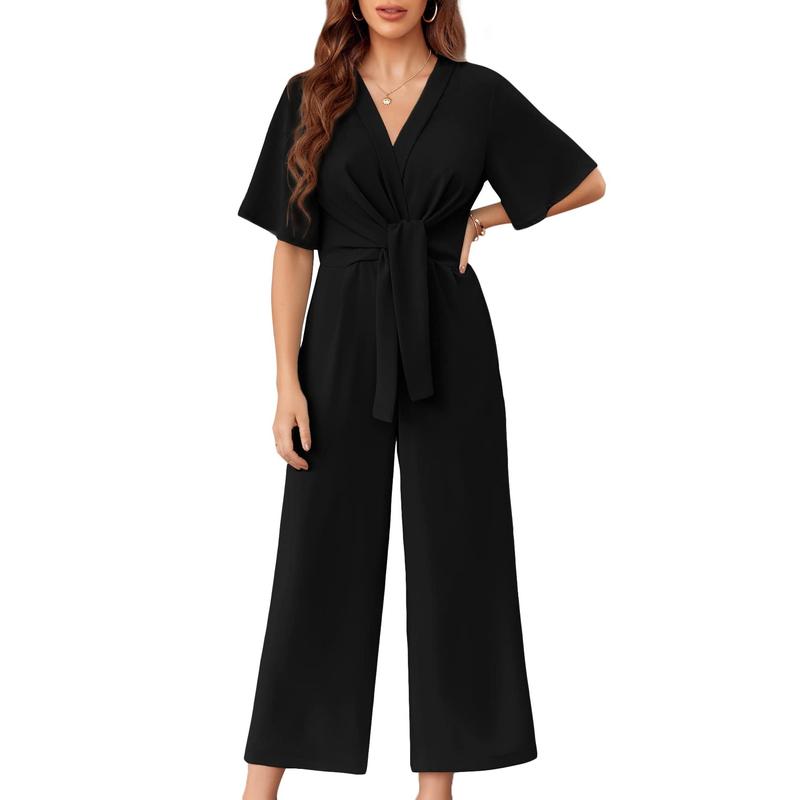 Fisoew Womens Wide Leg Jumpsuits Short Sleeve V Neck Tie Knot High Waist Summer Long Romper