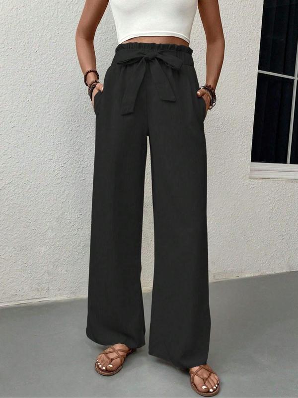 Women's Plain Pocket Tie Front Straight Leg Pants, Summer Pants for Women, Elegant High Waist Paper Bag Waist Trousers for Work Office Business, Ladies Bottoms for All Seasons