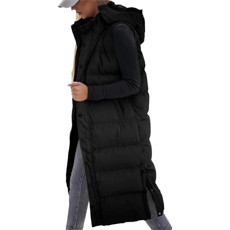 Fisoew Women's long Quilted Vest hooded sleeveless Button Down puff vest cotton padded jacket winter coat