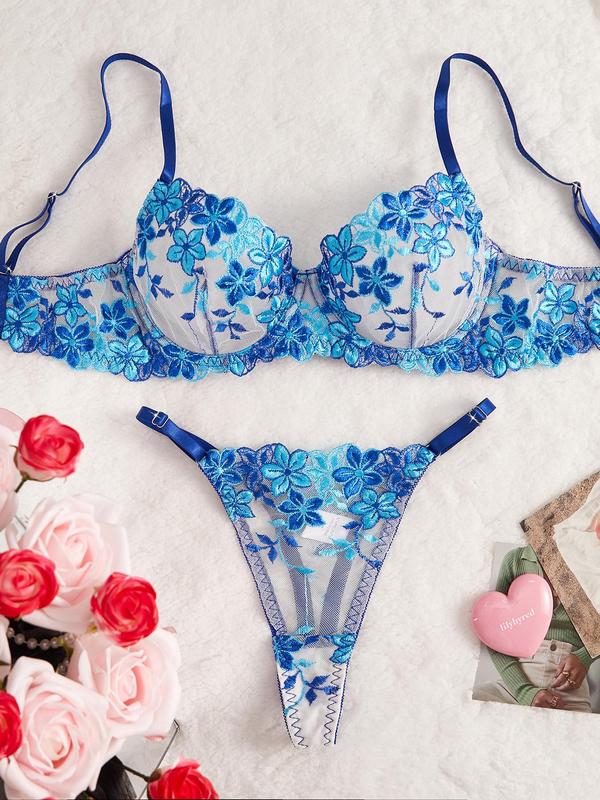 Women's Floral Embroidery Sheer Lace Bra & Thong Sexy Lingerie Set, Adjustable Strap Push Up Bra & Panty, Lingerie Set for Women