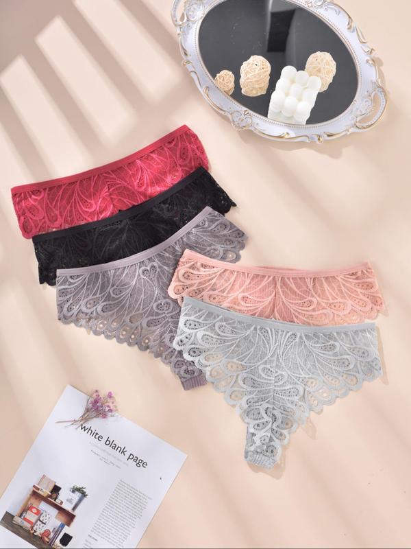  Contrast Lace Bow Decor Panty, Soft Comfy Breathable Scallop Design Knicker for Daily Wear, Women's Underwear for All Seasons