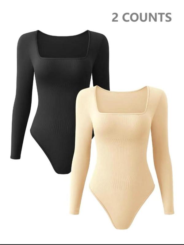 Women's Solid Square Neck Long Sleeve Shapewear Bodysuit, High Stretch Seamless Shaper, Tummy Control Butt Lifter, Ladies Shapewear for Daily Wear