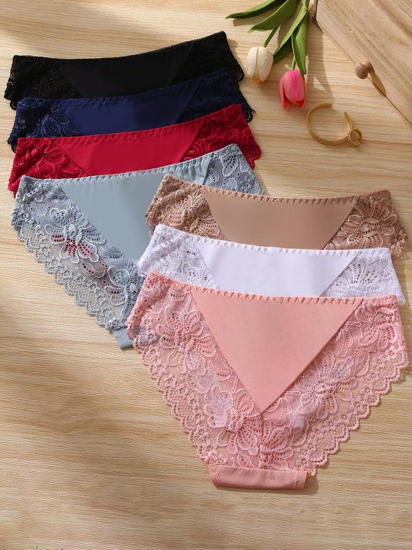 Women's Contrast Lace Scallop Trim Knicker, 7 Counts Solid Color Drop Waist Panty, Panties for Women, Soft Comfy Breathable Underwear Sets for Daily Wear