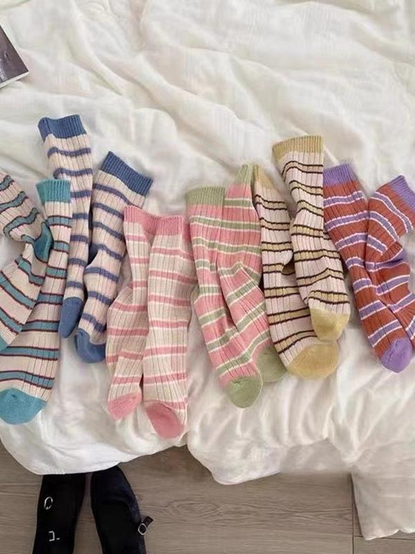 Women's  Random Colorblock Striped Print Crew Socks, Casual Comfortable Breathable Socks for Daily Wear, Women's Socks for All Seasons