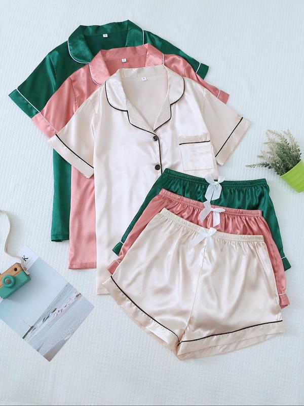 Three-Piece Set Women's Contrast Binding Satin Pajama Set, Casual Pocket Shirt & Elastic Waist Shorts Set, Summer Clothes for Women, Back To School Ladies Nightwear, Loungewear Set