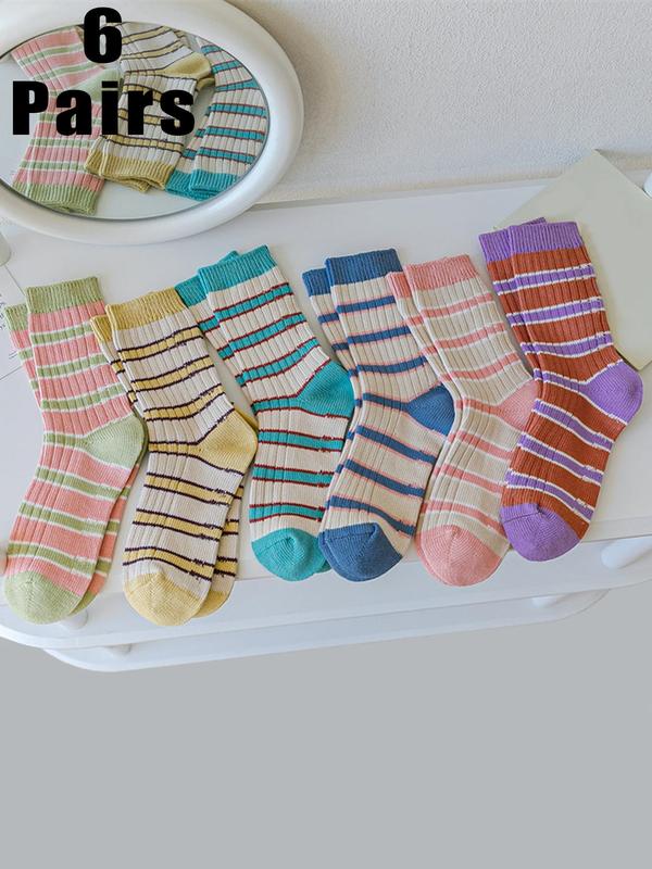 Women's  Random Colorblock Striped Print Crew Socks, Casual Comfortable Breathable Socks for Daily Wear, Women's Socks for All Seasons