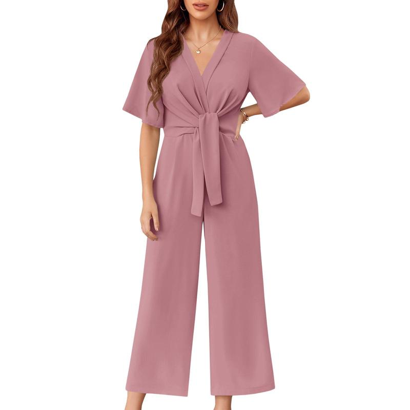 Fisoew Womens Wide Leg Jumpsuits Short Sleeve V Neck Tie Knot High Waist Summer Long Romper